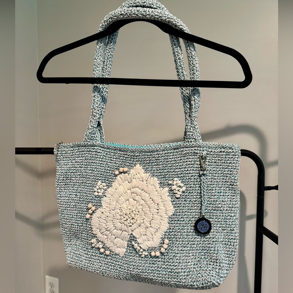 The Sak Crochet Carryall Tote Teal Blue Floral